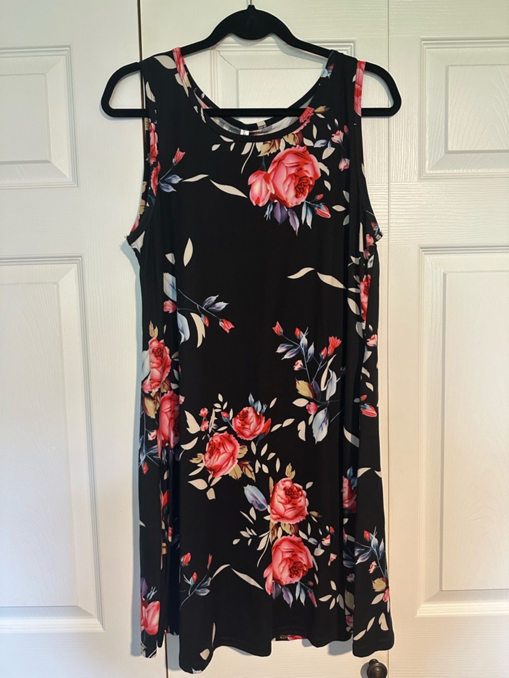 Sleeveless Black Floral Swing Dress with Pink Rose Print